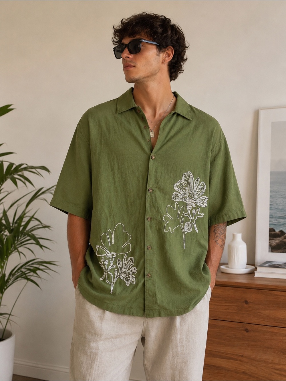 Juny Men’s Olive Green Embroidered Linen Blend Camp Shirt Medium